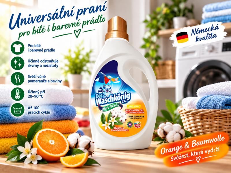 Waschkönig Universal Orange & Baumwolle XXL gel na praní bílého i barevného prádla – 3 l, až 100 praní